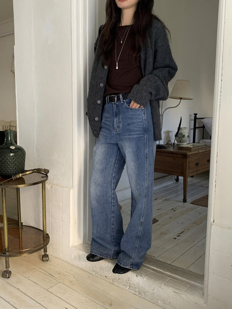 復古美刷色側前壓線細節牛仔褲