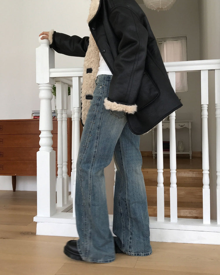 弧壓線側鉚釘細節牛仔褲