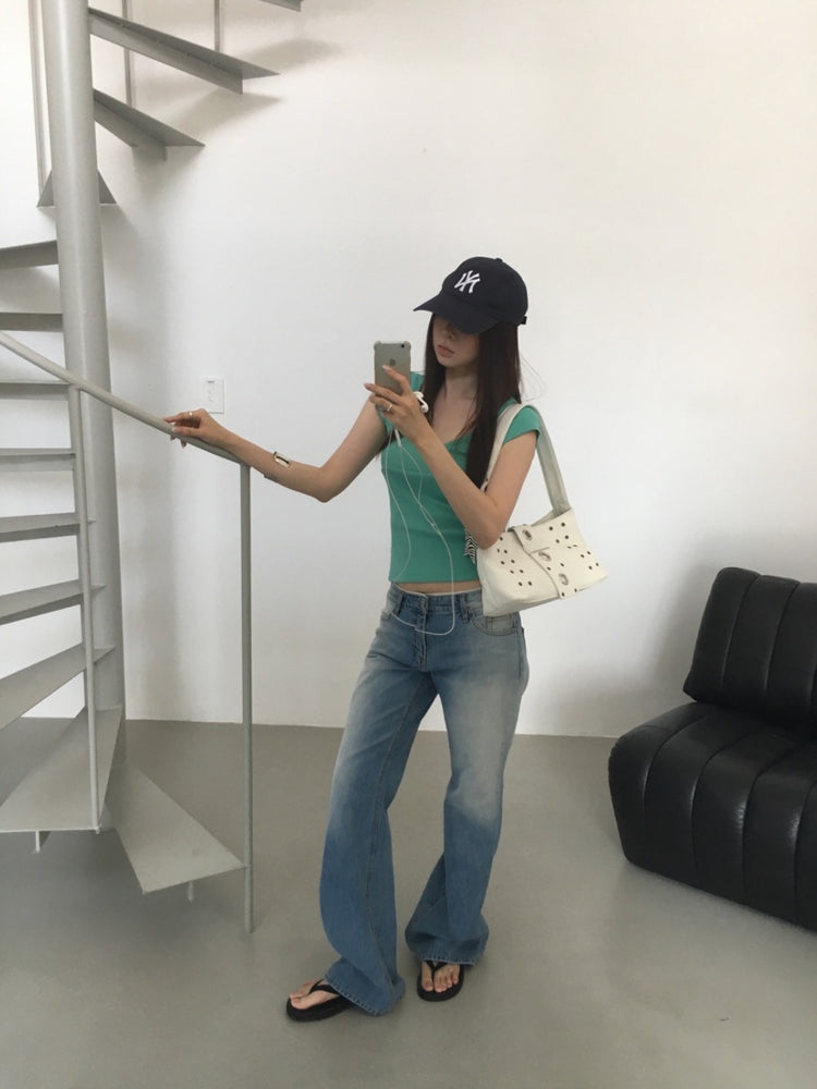 撞色腰頭低腰喇叭牛仔褲