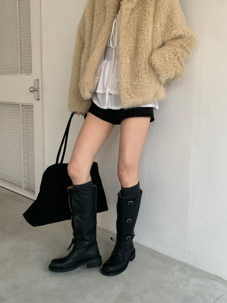 率性側扣綁帶長靴