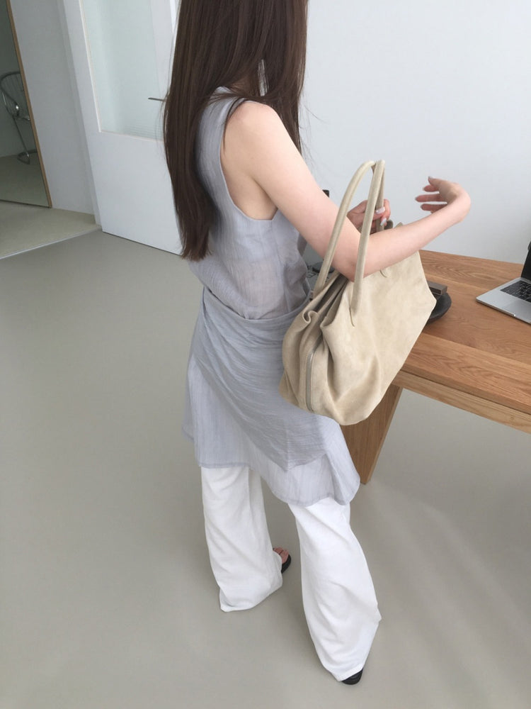 美色透膚V領圍巾細節連身裙