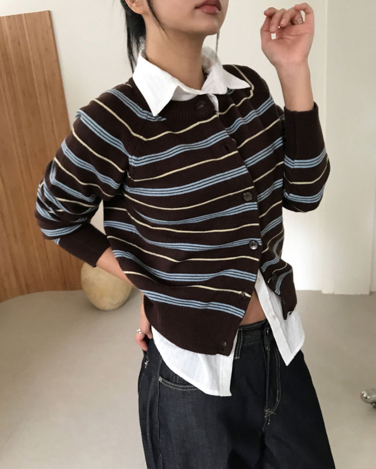 美色條紋排鈕針織外套