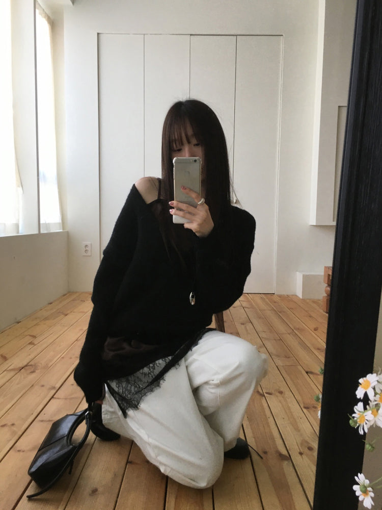 (現)美色蕾絲邊光澤感連身裙