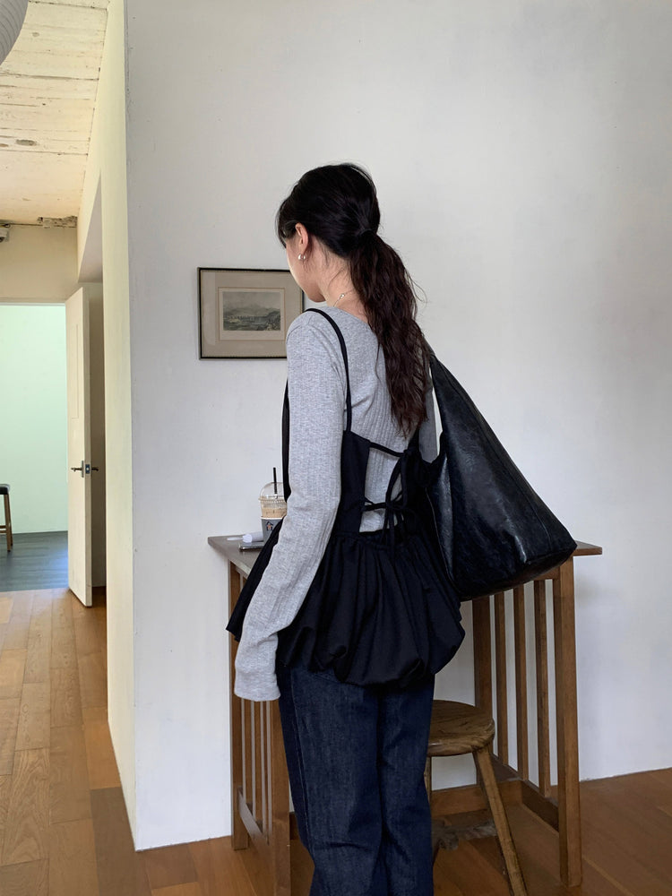 細帶泡泡下擺綁帶細節上衣