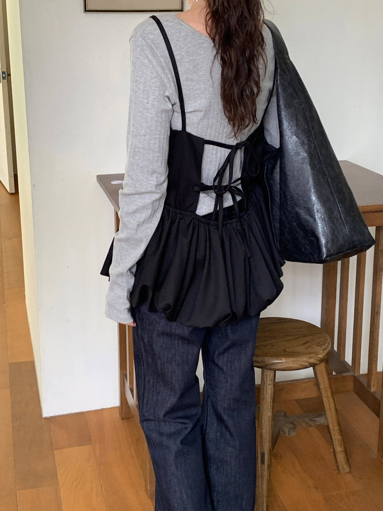 細帶泡泡下擺綁帶細節上衣