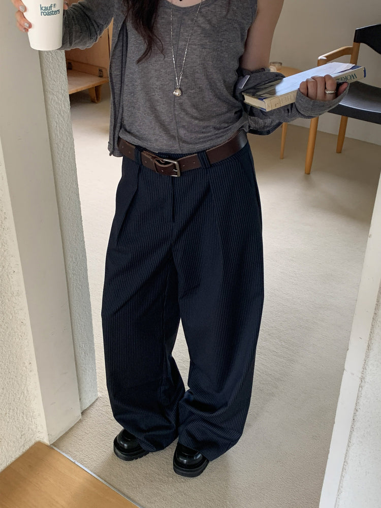 條紋內壓褶細節直褲
