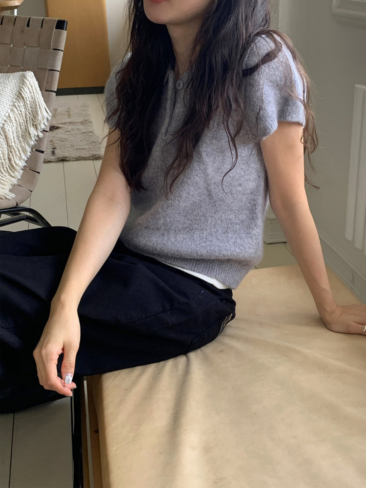 翻領扣鈕泡泡袖細節針織上衣