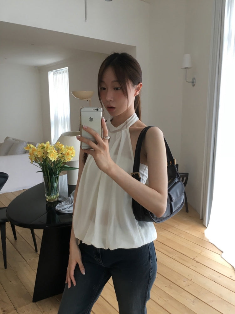 微透抓皺細節掛脖上衣
