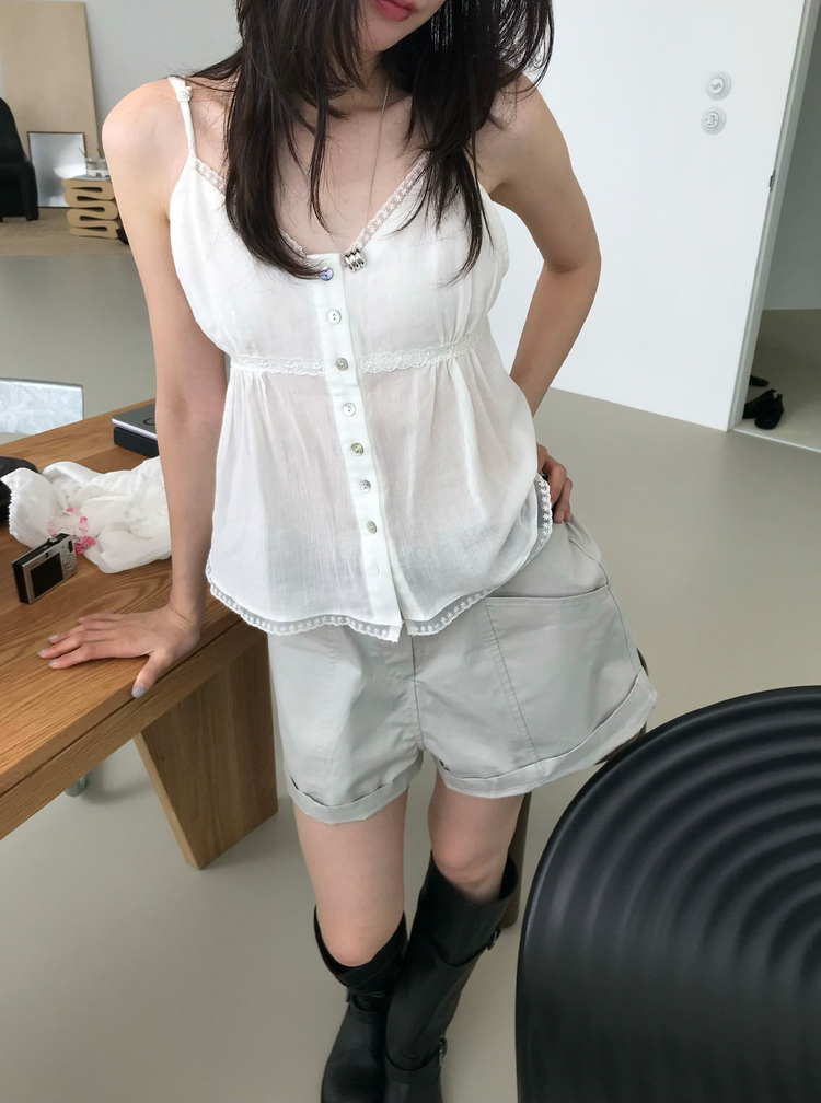 麻料蕾絲邊細節排鈕上衣