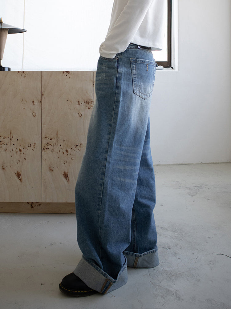 復古美色率性牛仔闊褲