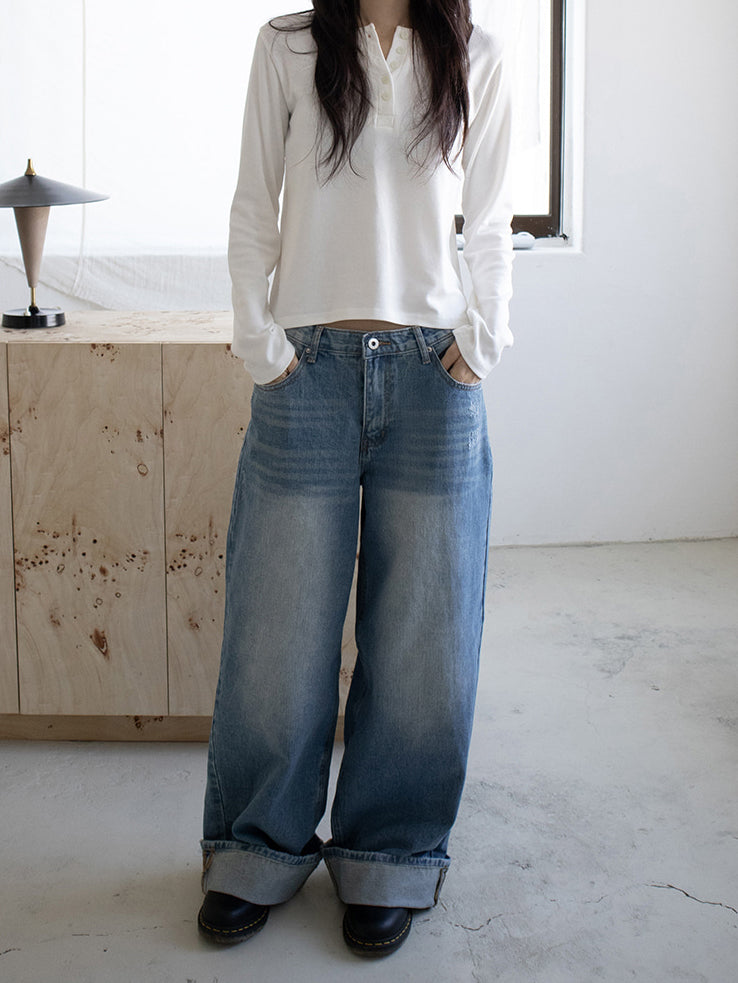 復古美色率性牛仔闊褲