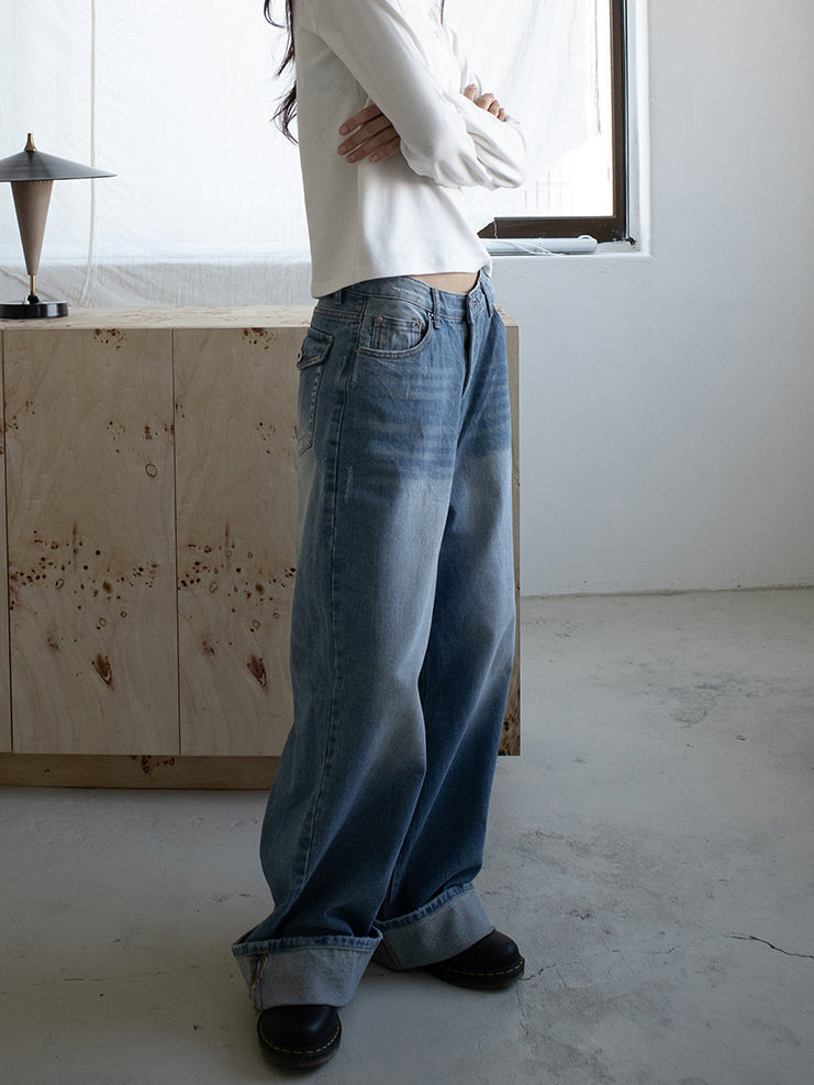 復古美色率性牛仔闊褲