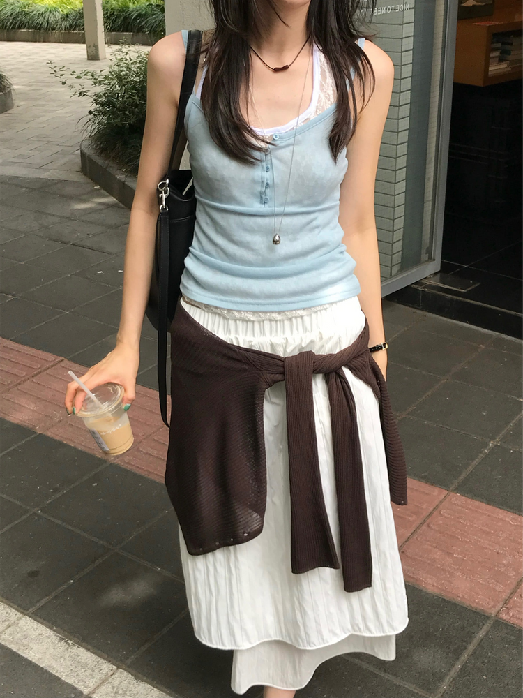 美色透膚扣鈕細節背心