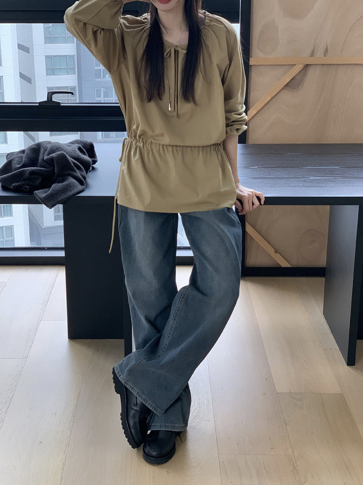 隱形橡筋腰頭直腿內刷毛牛仔褲