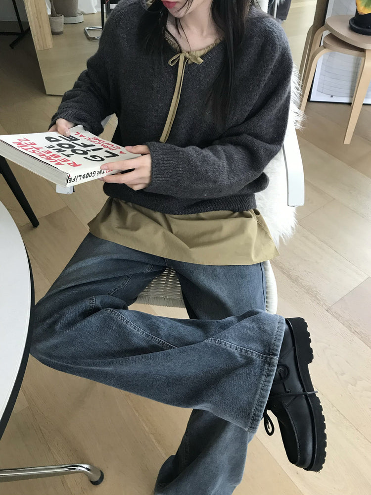 隱形橡筋腰頭直腿內刷毛牛仔褲