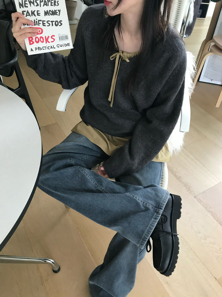 隱形橡筋腰頭直腿內刷毛牛仔褲