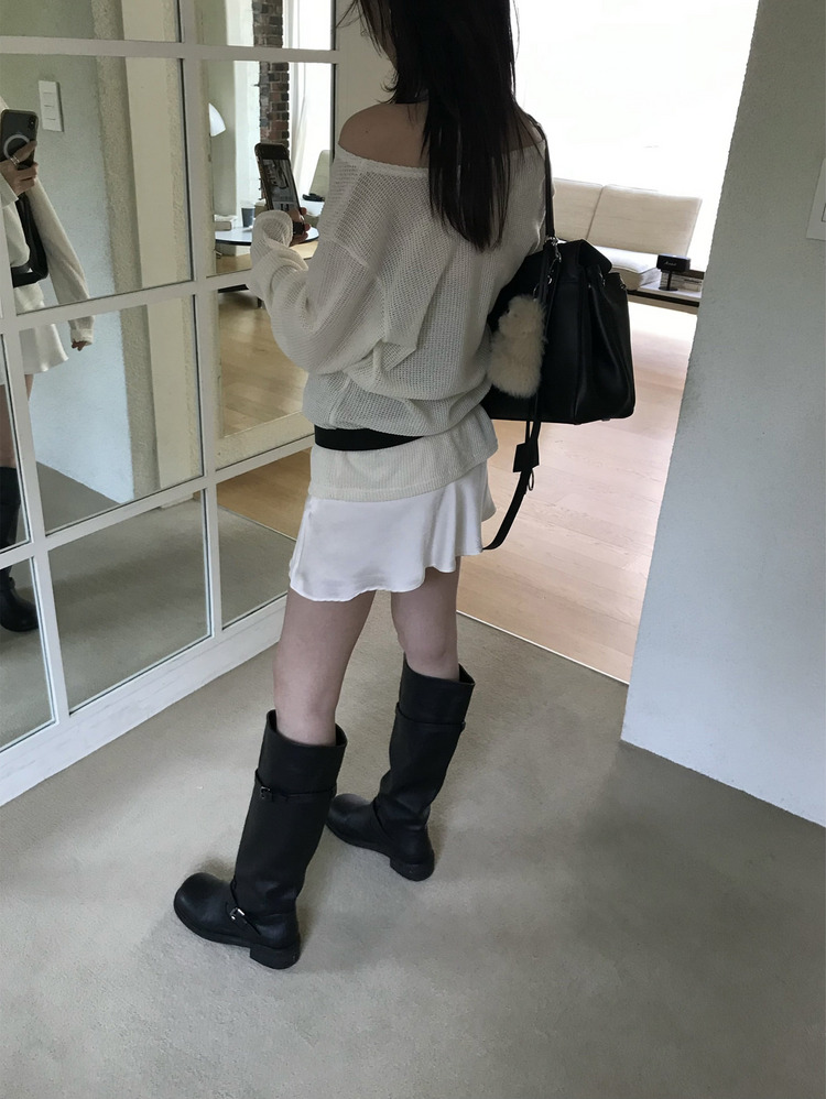 美肩透膚格紋混色針織上衣