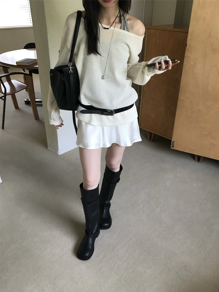 美肩透膚格紋混色針織上衣