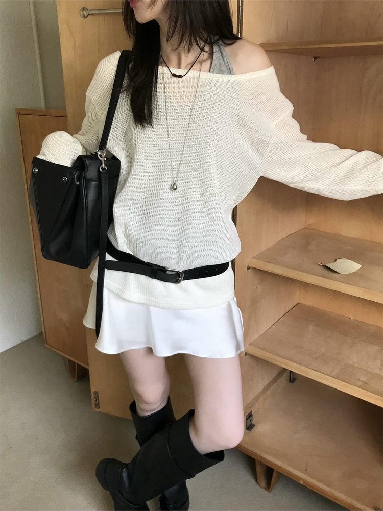 美肩透膚格紋混色針織上衣