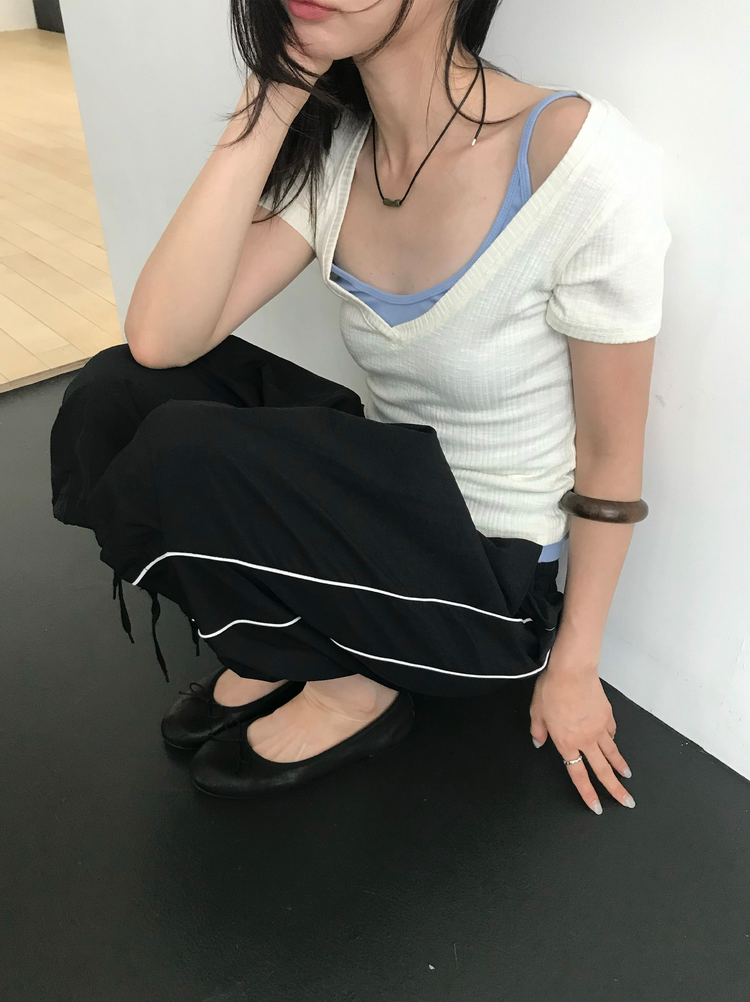 撞色側壓線休閒七分褲