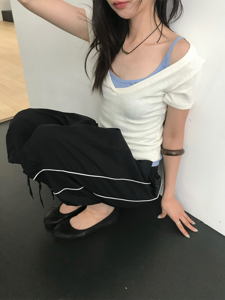 撞色側壓線休閒七分褲
