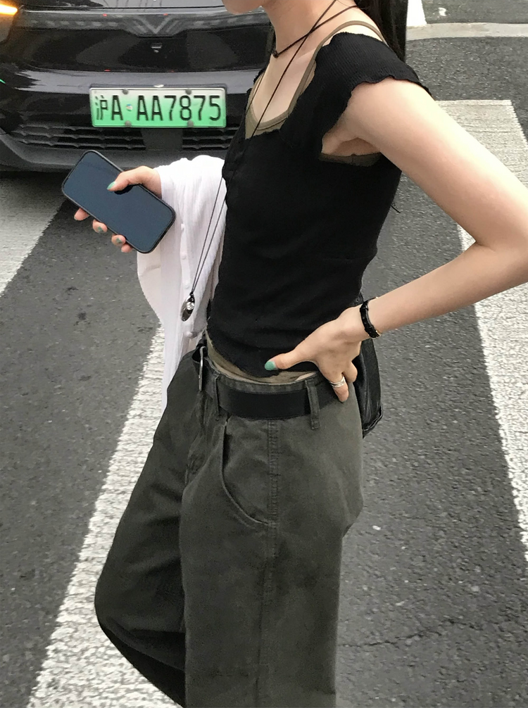 復古壓線細節工裝直褲