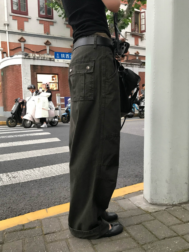 復古壓線細節工裝直褲