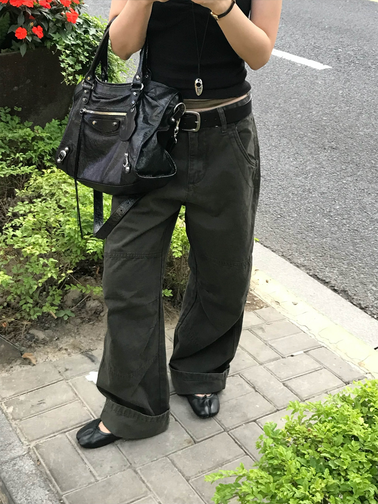 復古壓線細節工裝直褲
