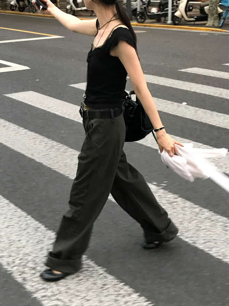 復古壓線細節工裝直褲
