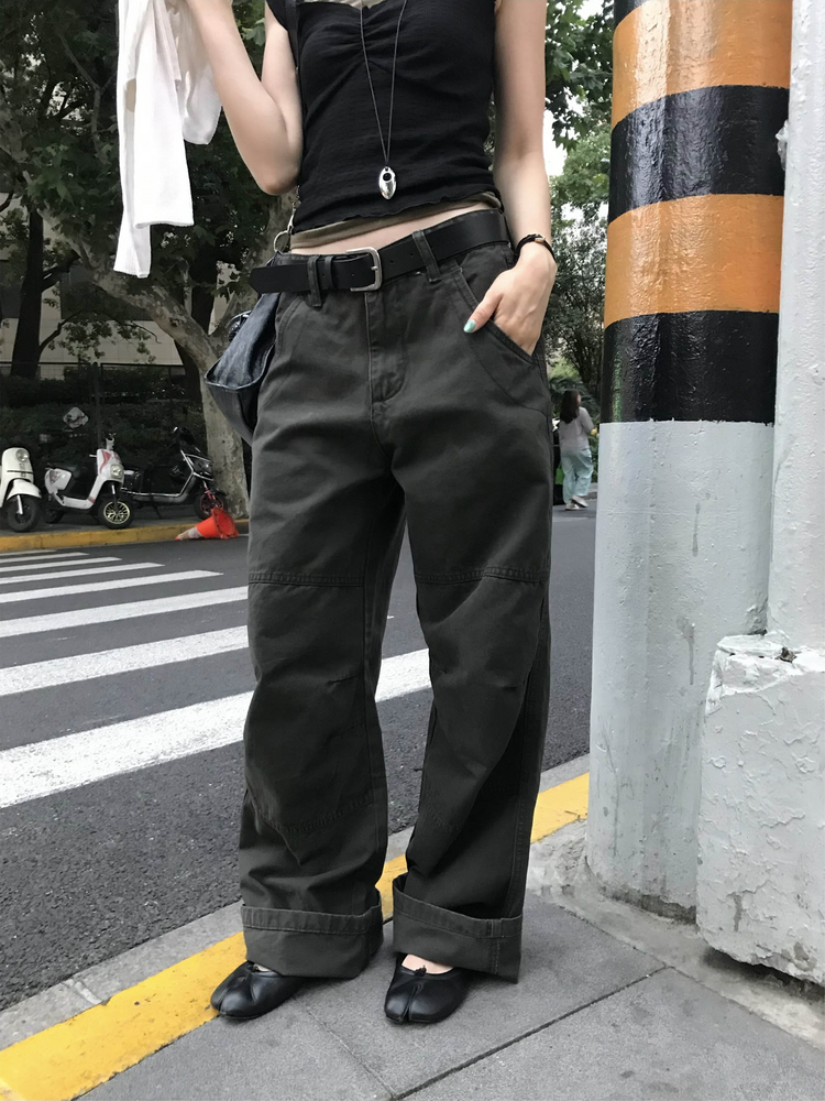 復古壓線細節工裝直褲