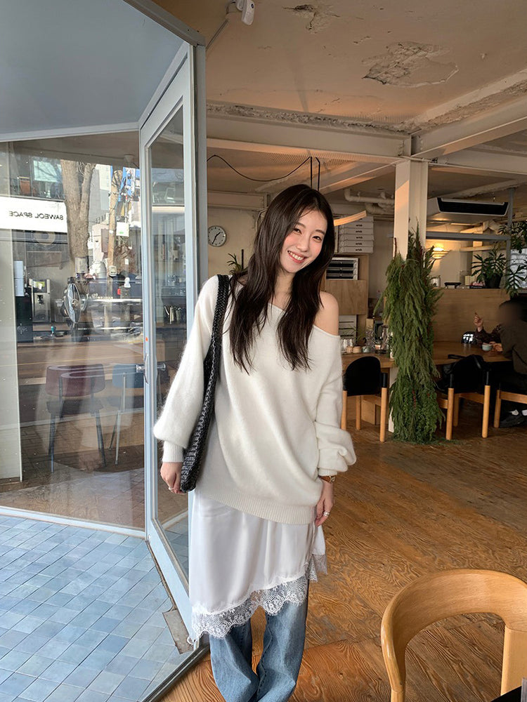 美色斜肩寬鬆束口毛衣