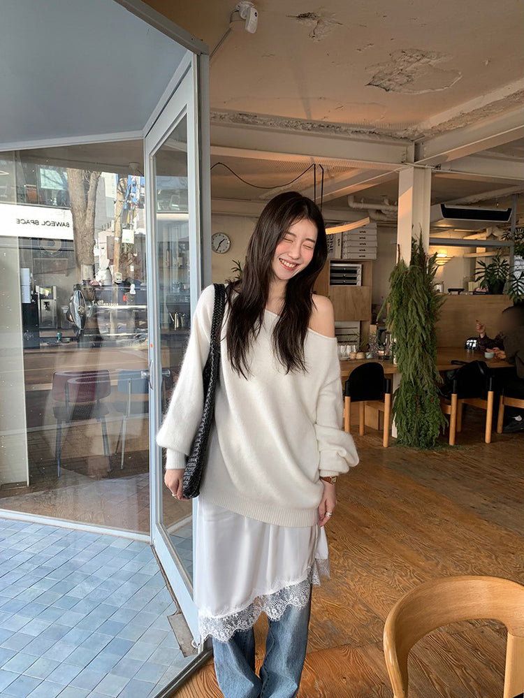 美色斜肩寬鬆束口毛衣