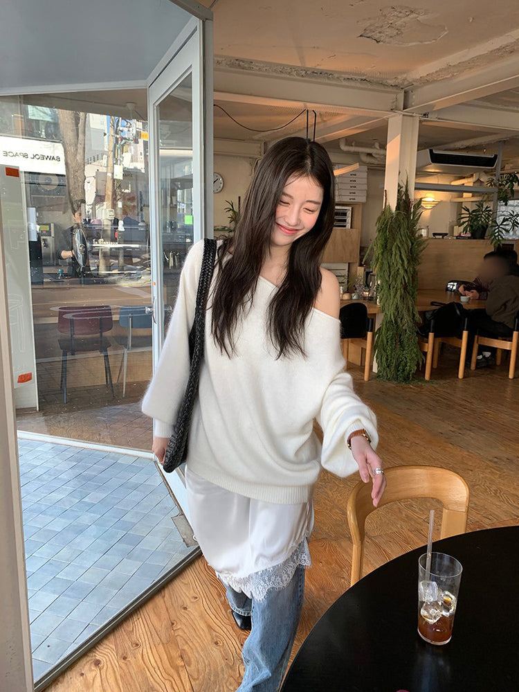 美色斜肩寬鬆束口毛衣