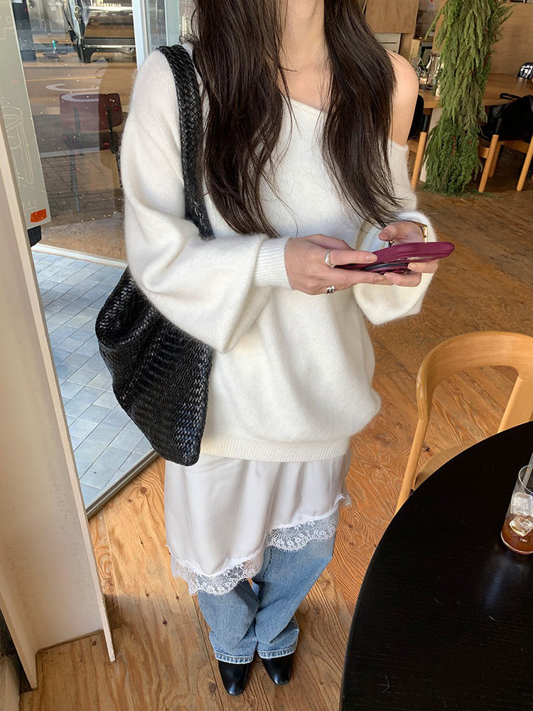 美色斜肩寬鬆束口毛衣