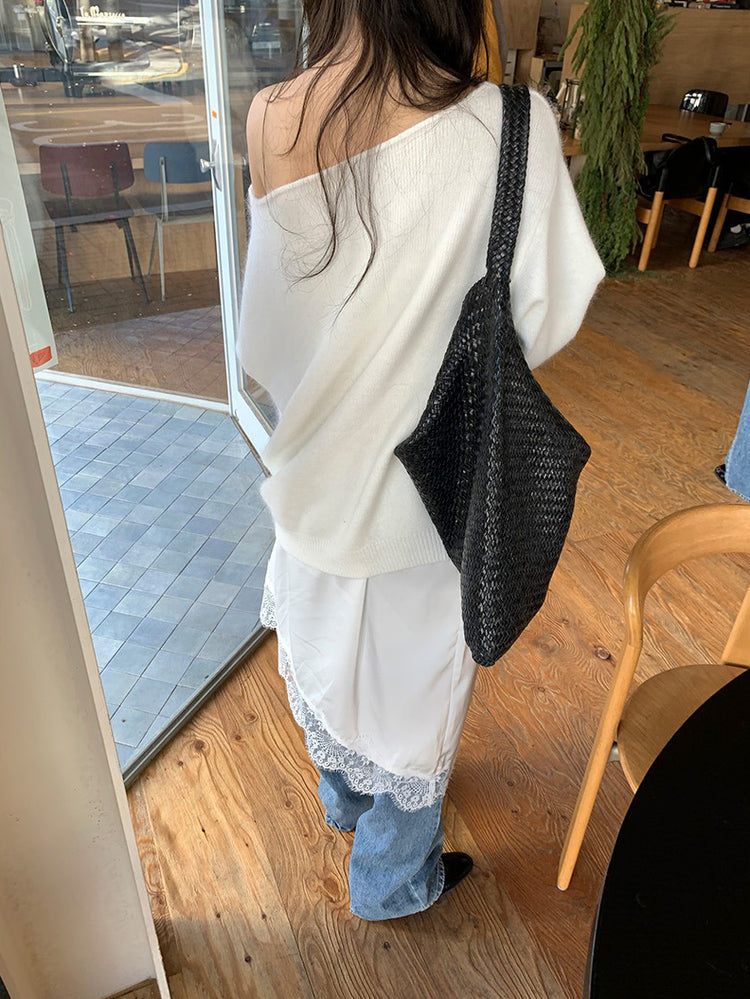 美色斜肩寬鬆束口毛衣