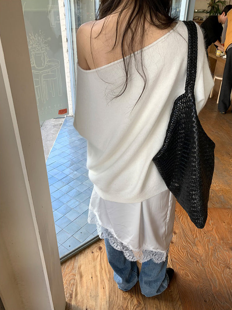 美色斜肩寬鬆束口毛衣