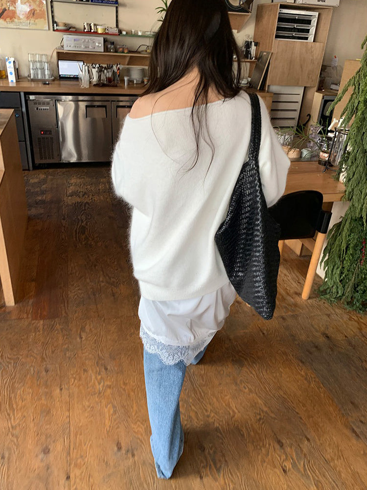 美色斜肩寬鬆束口毛衣