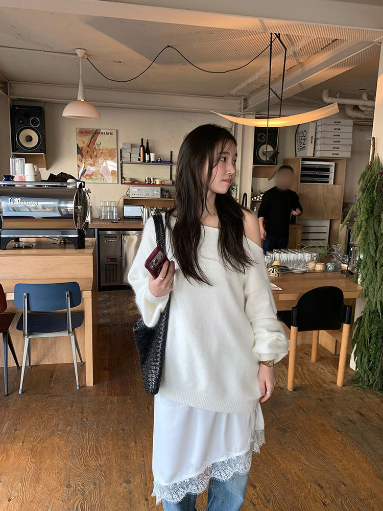 美色斜肩寬鬆束口毛衣