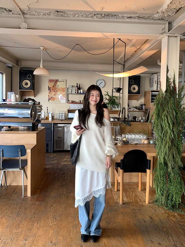 美色斜肩寬鬆束口毛衣