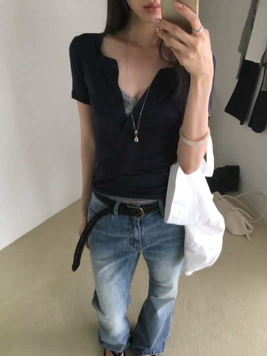 透膚亨利領修身上衣