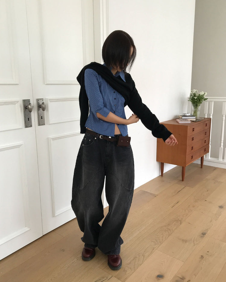 復古亮色格紋細節修腰襯衫