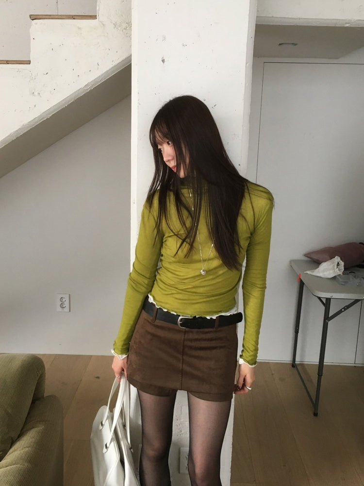 美色微透捲邊細節修身上衣