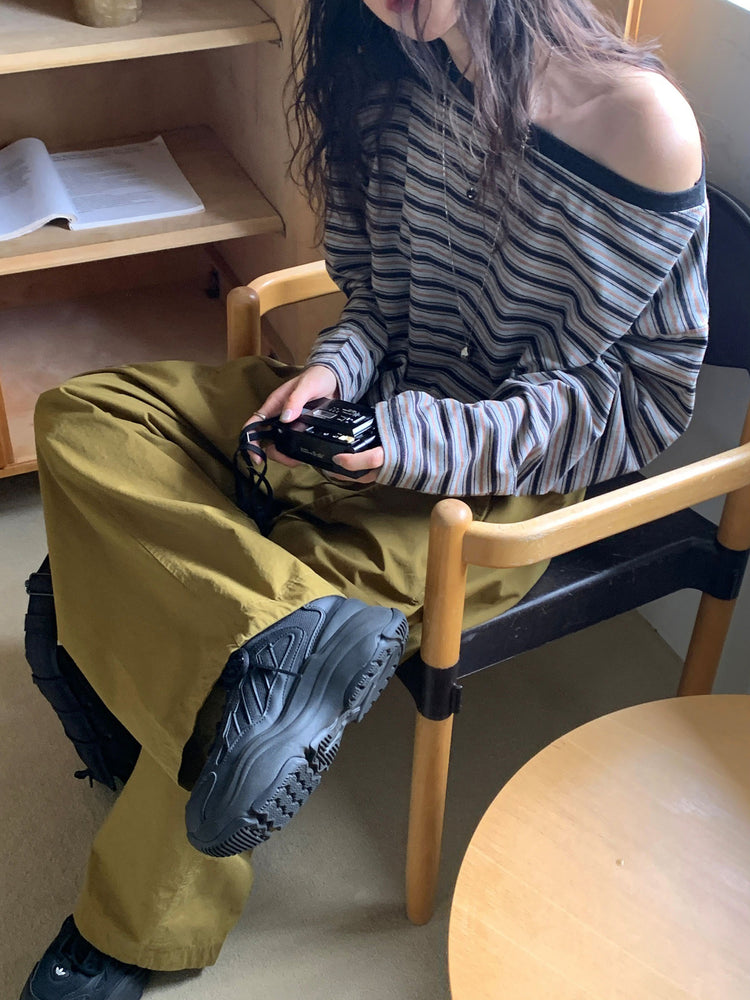 休閒雙壓褶寬鬆闊褲