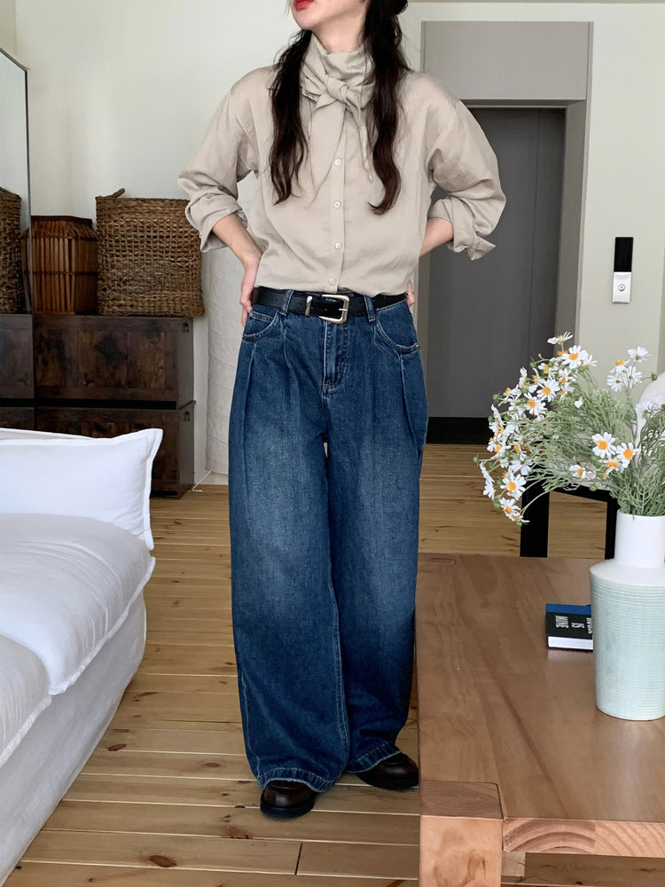 復古美色雙壓褶垂感闊褲(附皮帶)