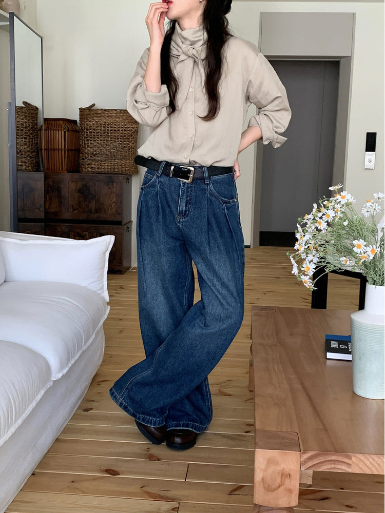 復古美色雙壓褶垂感闊褲(附皮帶)