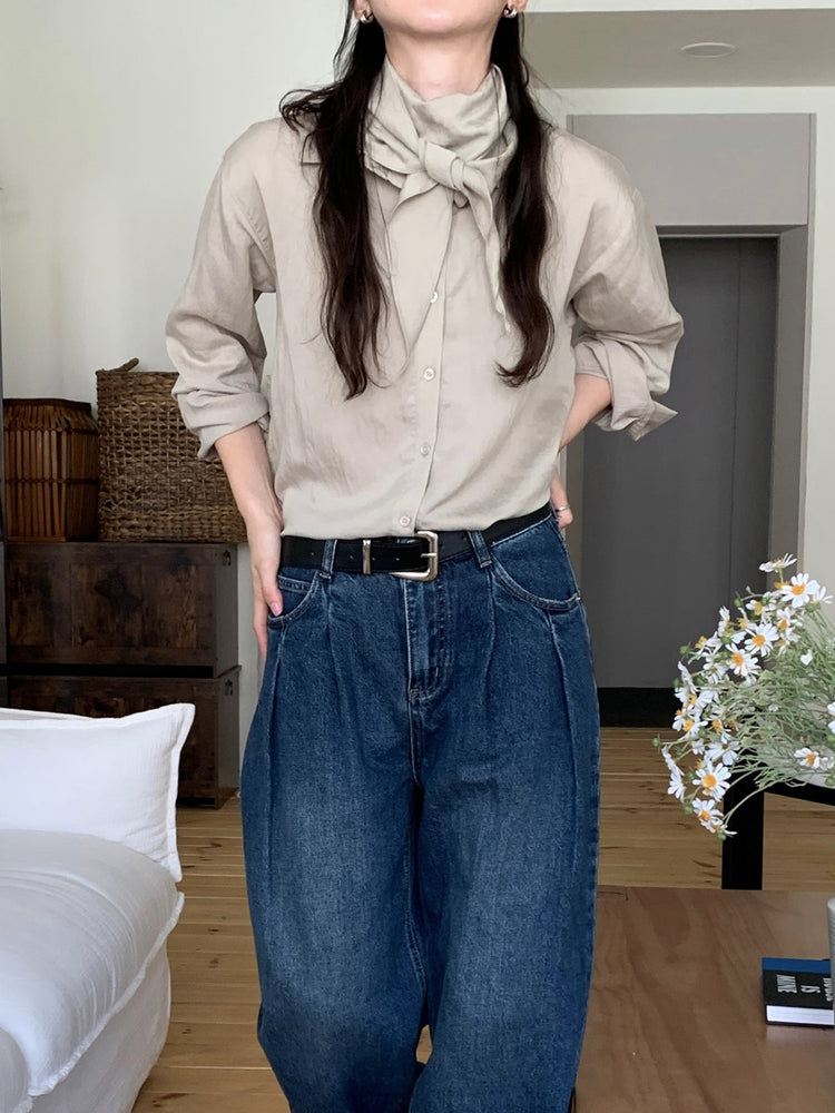 復古美色雙壓褶垂感闊褲(附皮帶)