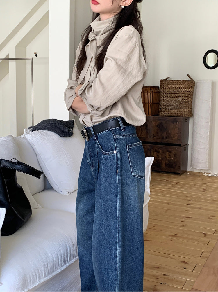 復古美色雙壓褶垂感闊褲(附皮帶)