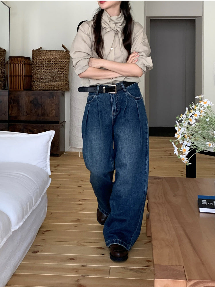 復古美色雙壓褶垂感闊褲(附皮帶)