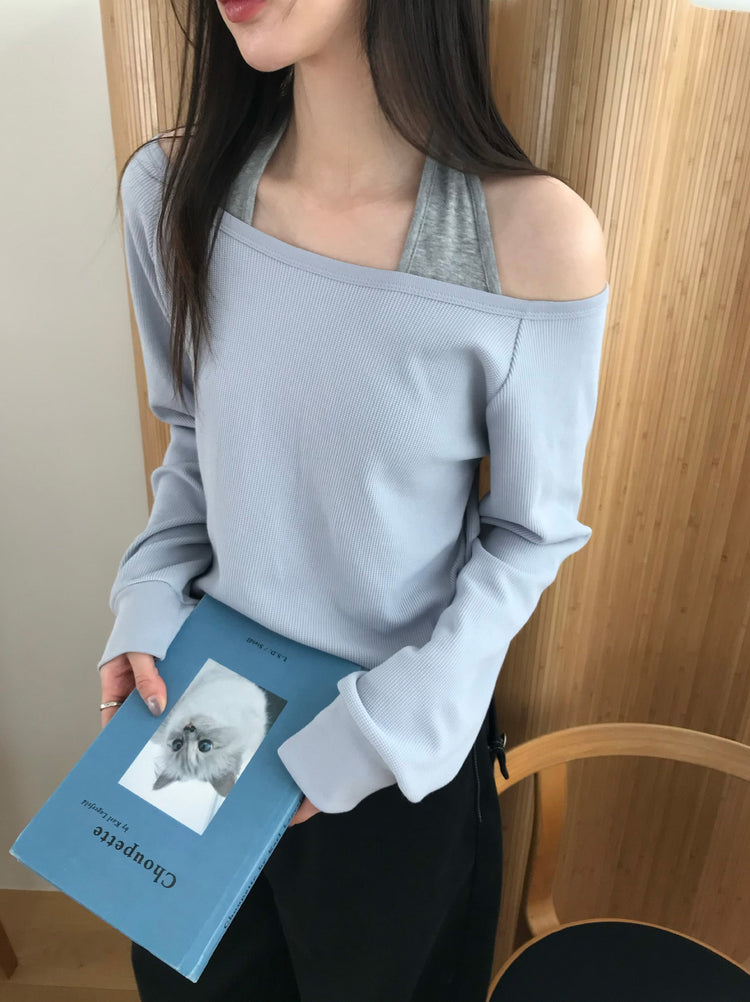 美肩撞色掛脖兩件式上衣