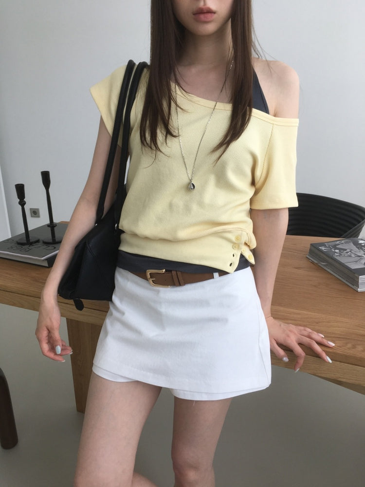 S/S 美肩撞色掛脖兩件式上衣